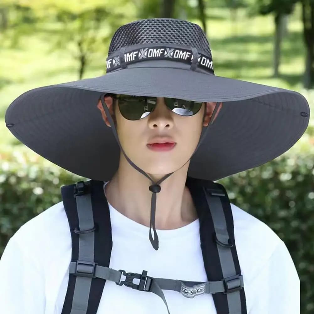 Wide Brim Sun Hat 15cm UV Protection Fishing Hat Mesh Summer Cap Men Women — image 3