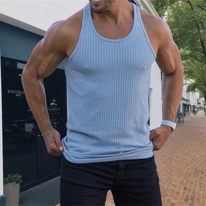 Men's Summer Tank Top Gym Fitness Sleeveless Striped Vest New neck loose Sports — image 4