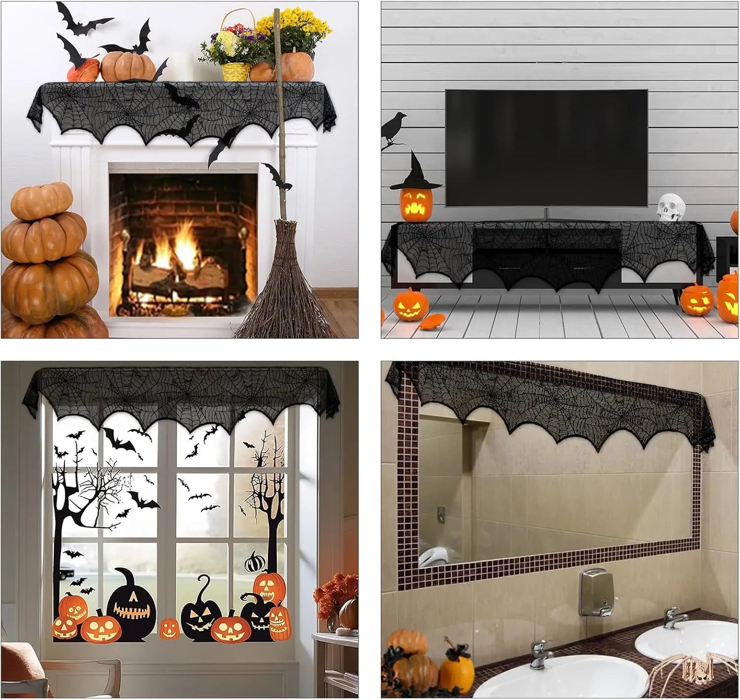 Halloween Decoration Black Lace Spiderweb Fireplace Mantle Scarf Cover — image 6