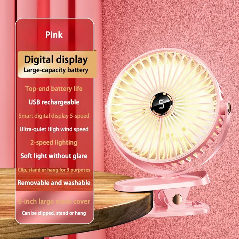 Rechargeable Clip-On Fan 8000mAh 5 Speed LED Light Portable Quiet Desktop UK — image 9