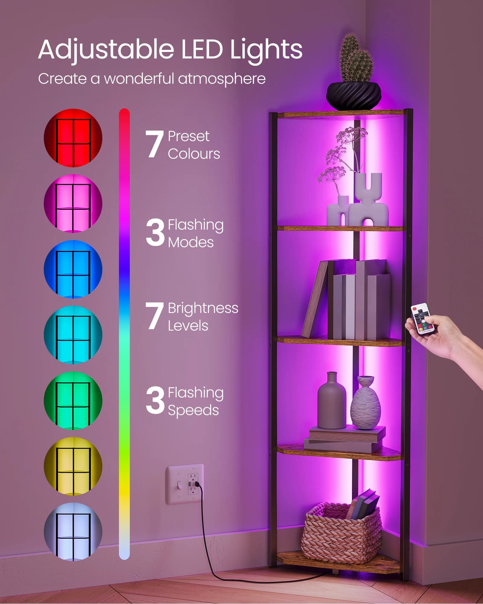 5-Tier Corner Shelf Bookcase LED Lights Storage Steel Frame New VASAGLE with New — image 4