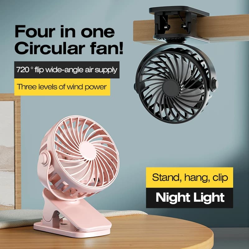 Portable Rechargeable Clip-On Fan 720° Rotating with Night Light — image 2