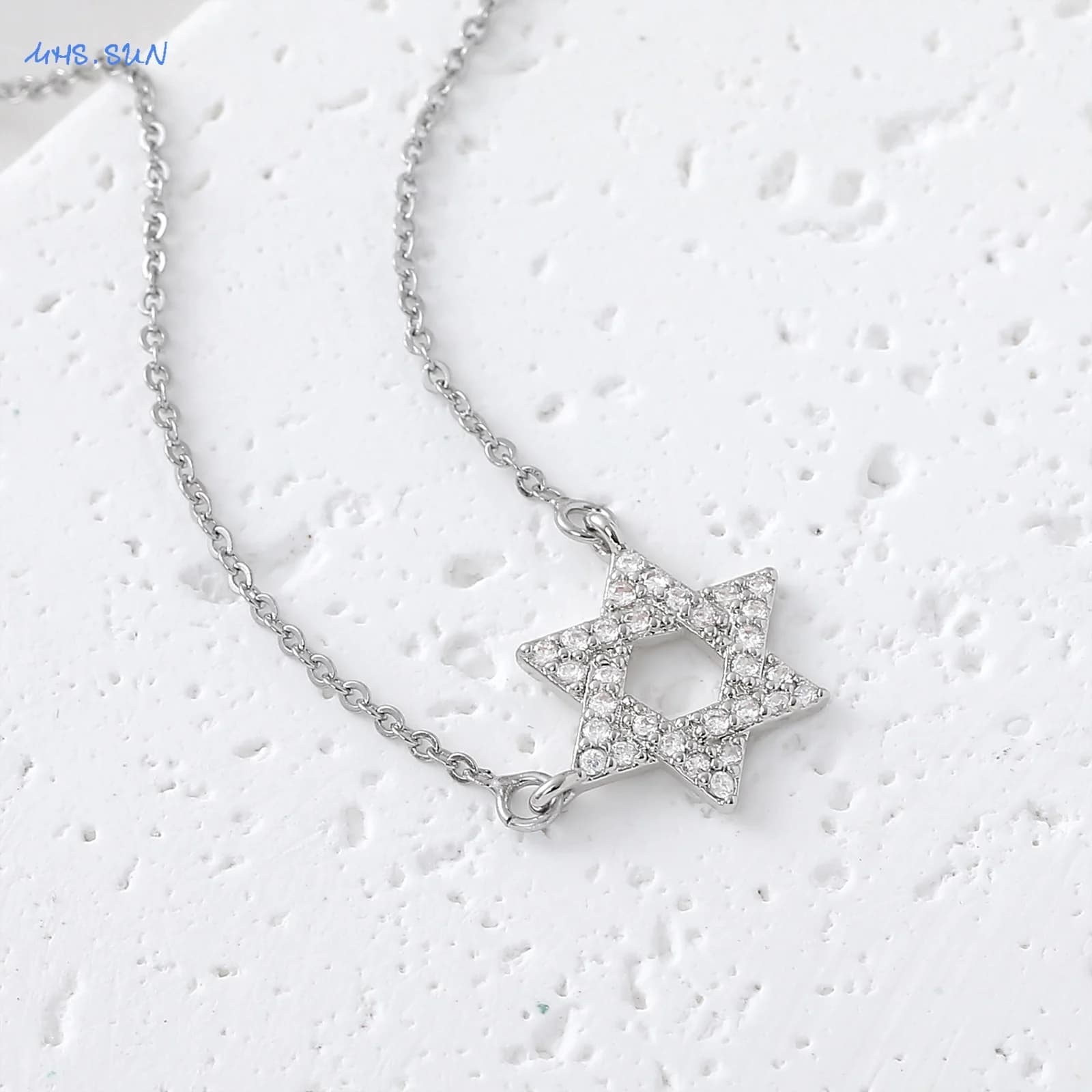 Zircon Hexagram Star of David Pendant Necklace Gold Silver Inlaid — image 9