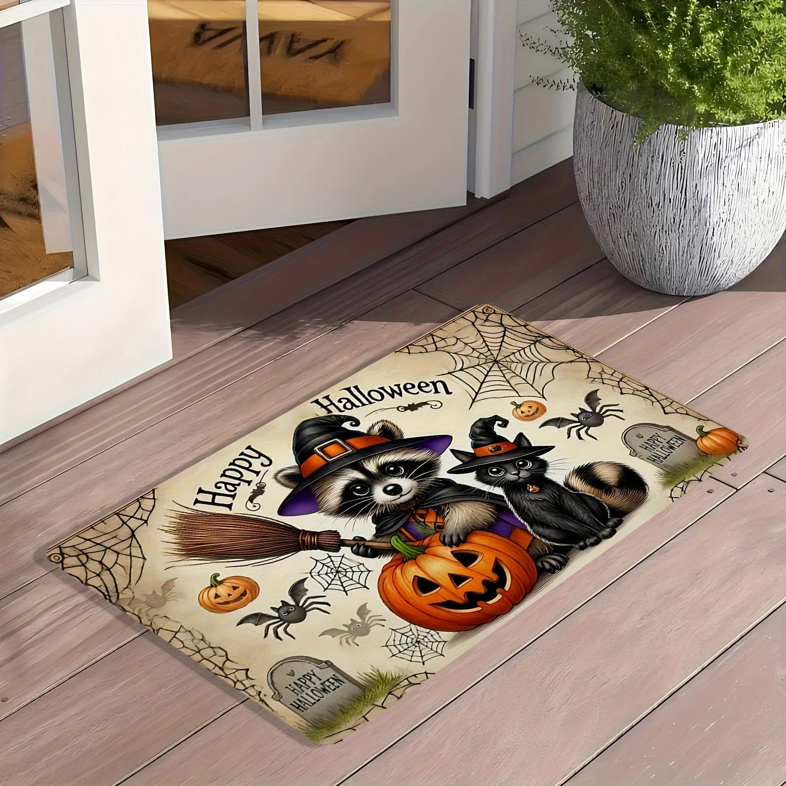 Cute Halloween Flannel Floor Mat Machine Washable Raccoon Witch Cat — image 3
