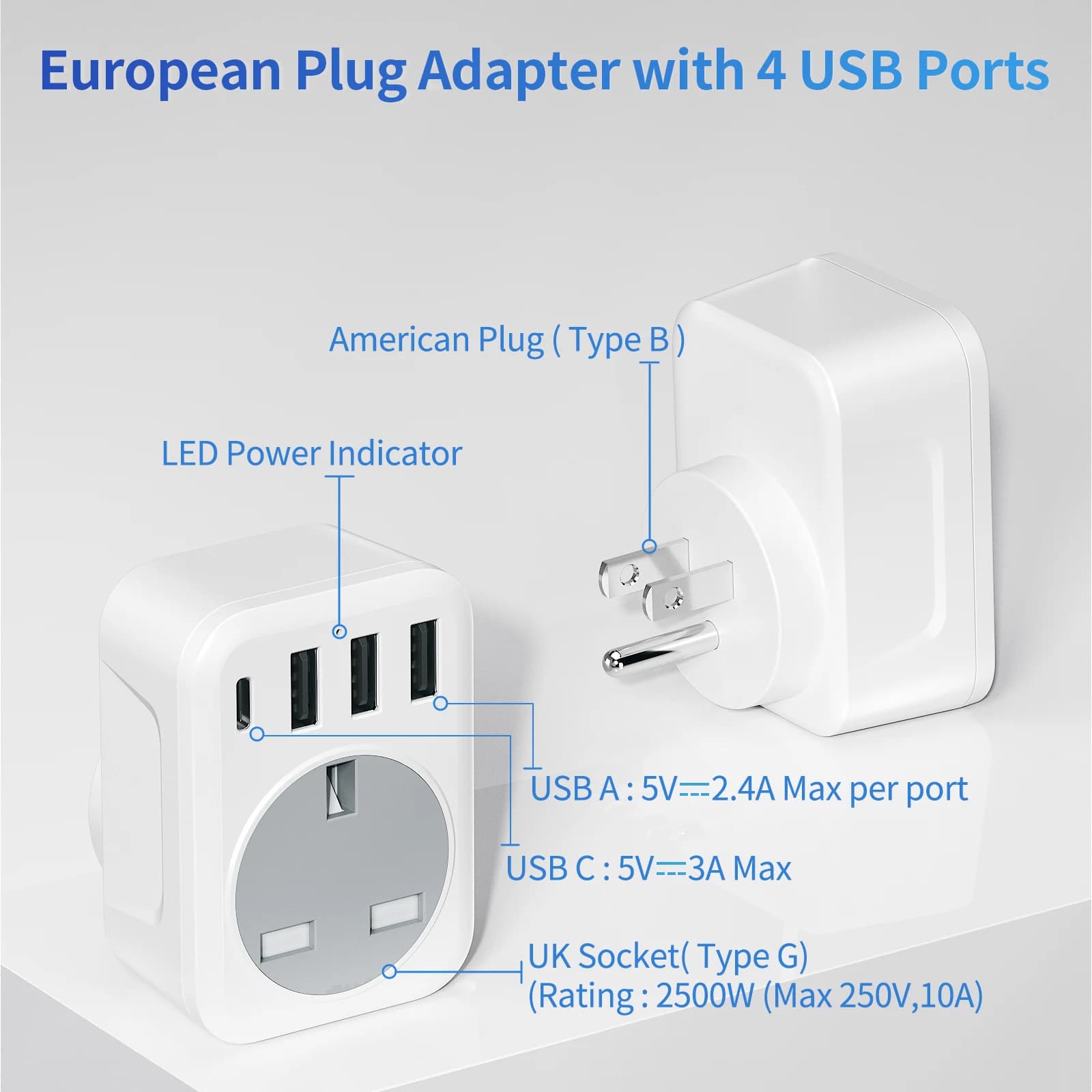 Travel Plug Adapter UK To US Multi Socket 4 USB Switched Extension New Mscien UK — image 2