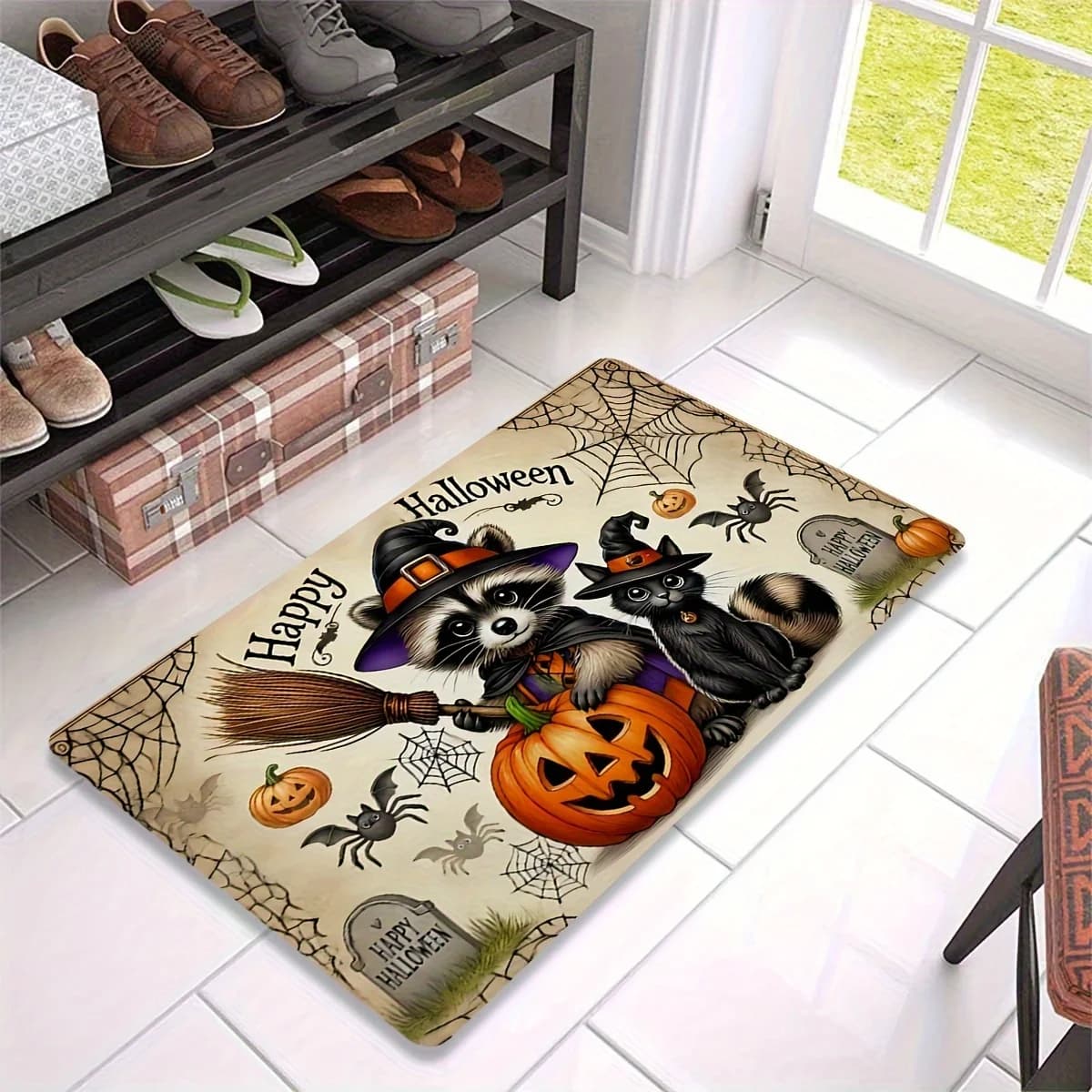 Cute Halloween Flannel Floor Mat Machine Washable Raccoon Witch Cat — image 2