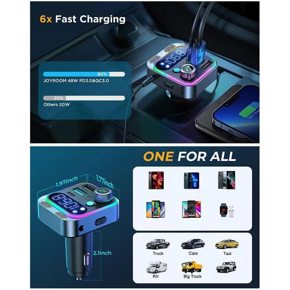 LED Bluetooth 5.0 FM Transmitter Car Charger 48W PD QC3.0 New With Strong Dual U — image 5