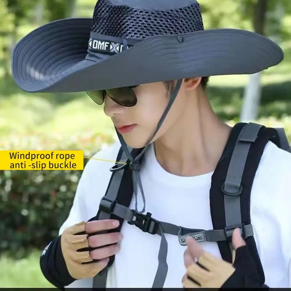 Wide Brim Sun Hat 15cm UV Protection Fishing Hat Mesh Summer Cap Men Women — image 5