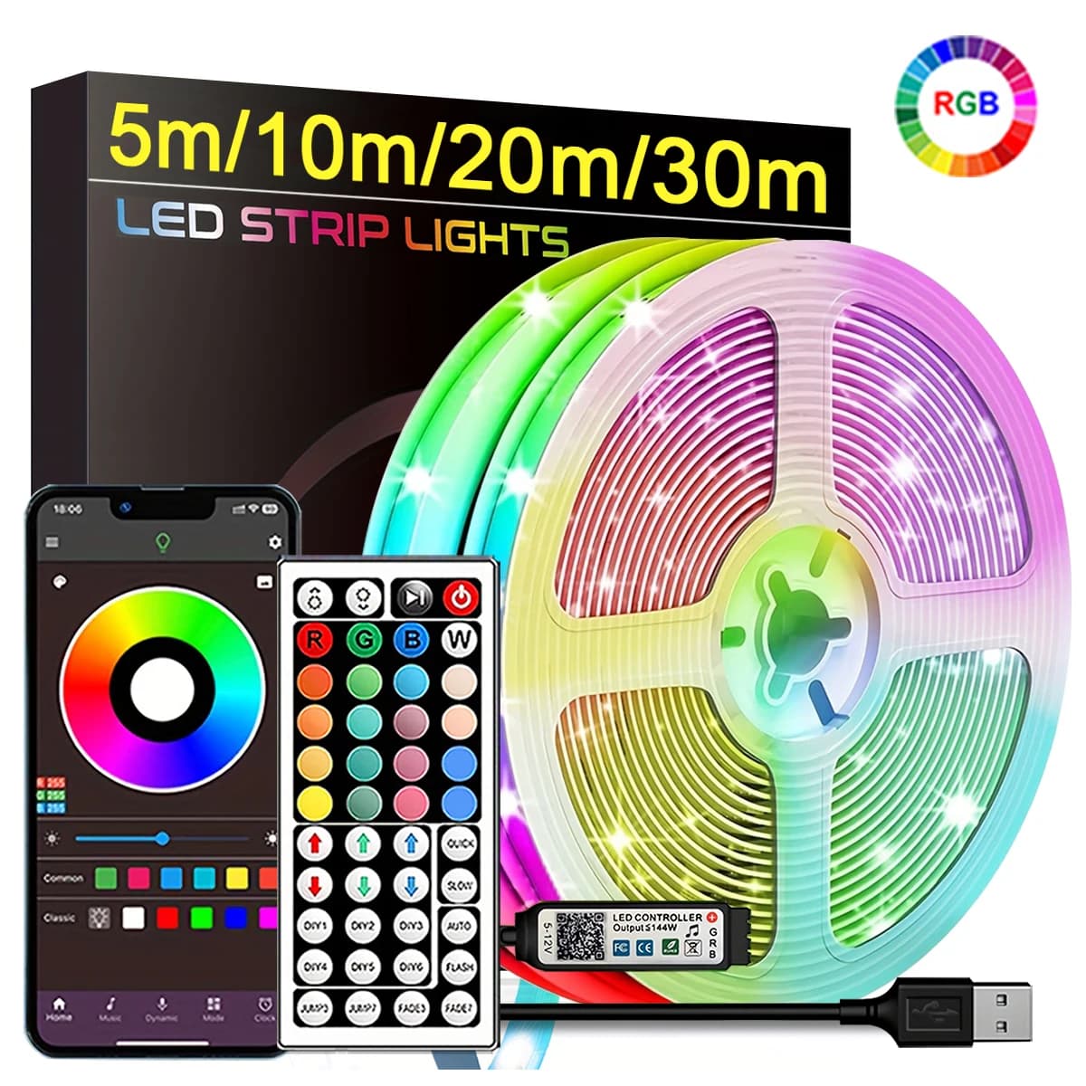 RGB LED Strip Lights 5m 10m 20m 30m APP Control Flexible Room Lighting