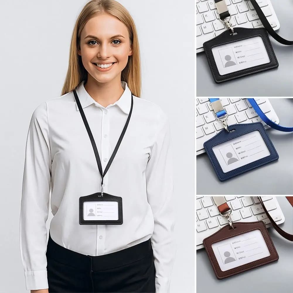 Leather ID Card Holder With Neck Lanyard Badge Work New High Quality Genuine New — image 5