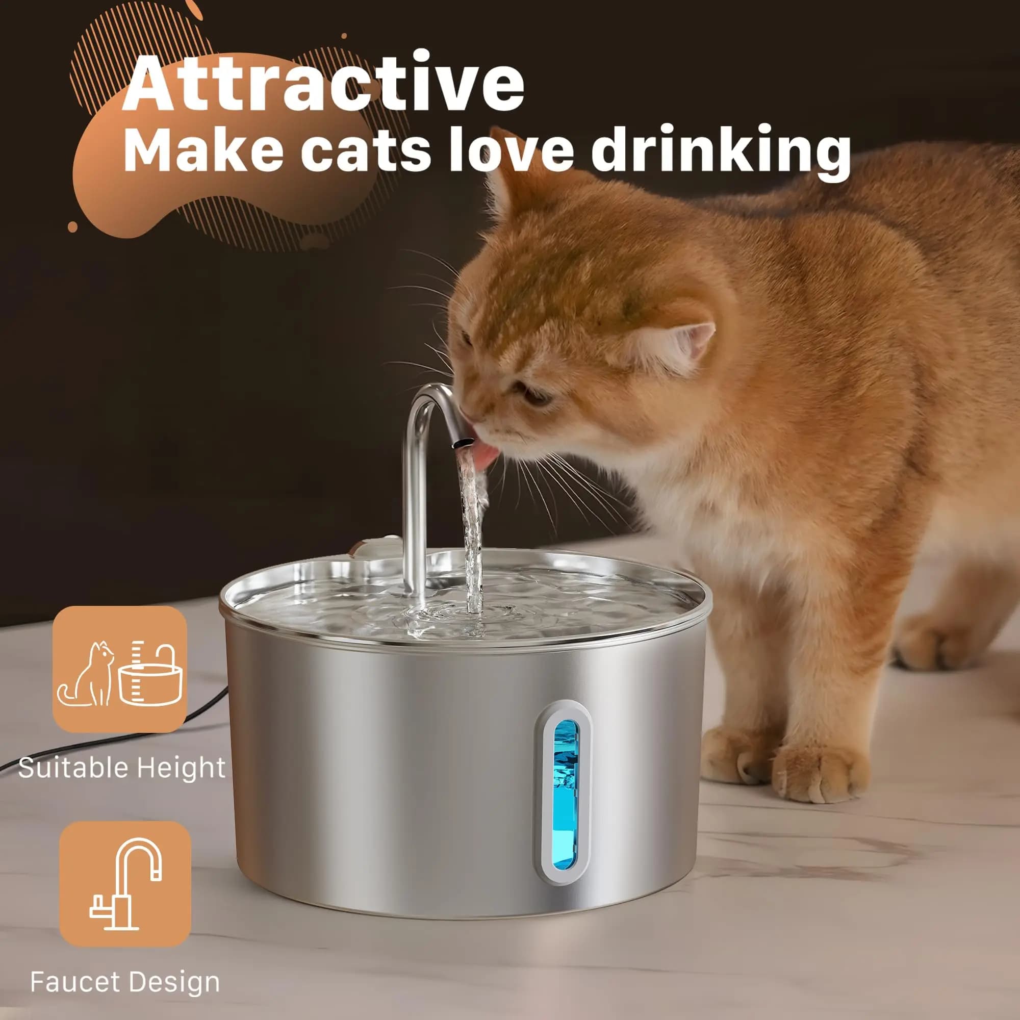Automatic Water Fountain 2.2L Stainless Steel Pet Cat Dog Bowl New ZYFeeder With — image 2