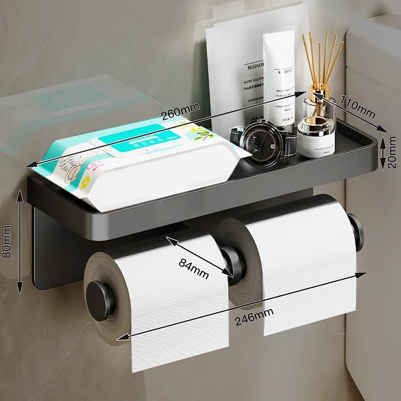 Wall Mounted Toilet Paper Holder Aluminium Alloy Bathroom Roll Shelf with Phone Shelf — image 17