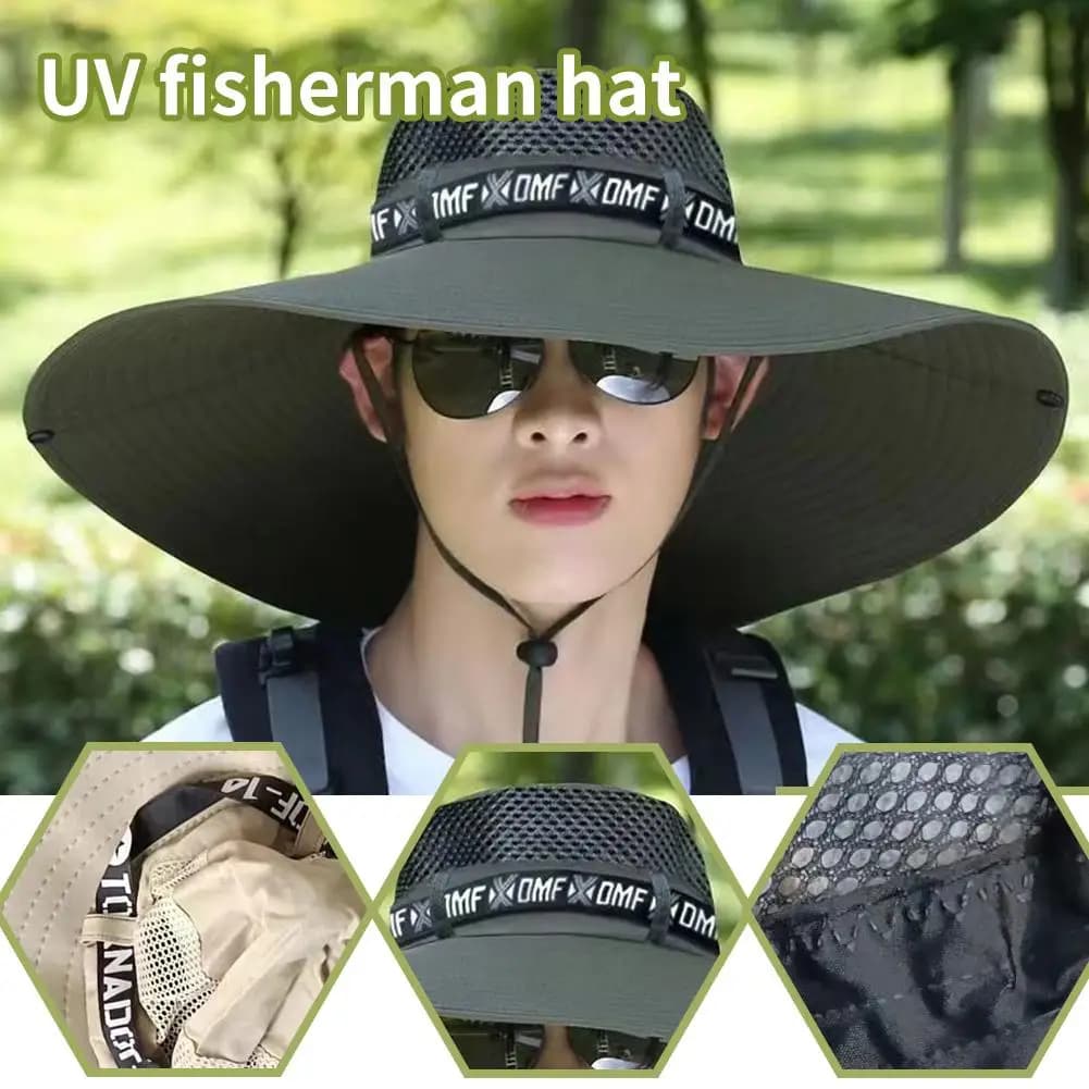 Wide Brim Sun Hat 15cm UV Protection Fishing Hat Mesh Summer Cap Men Women — image 4