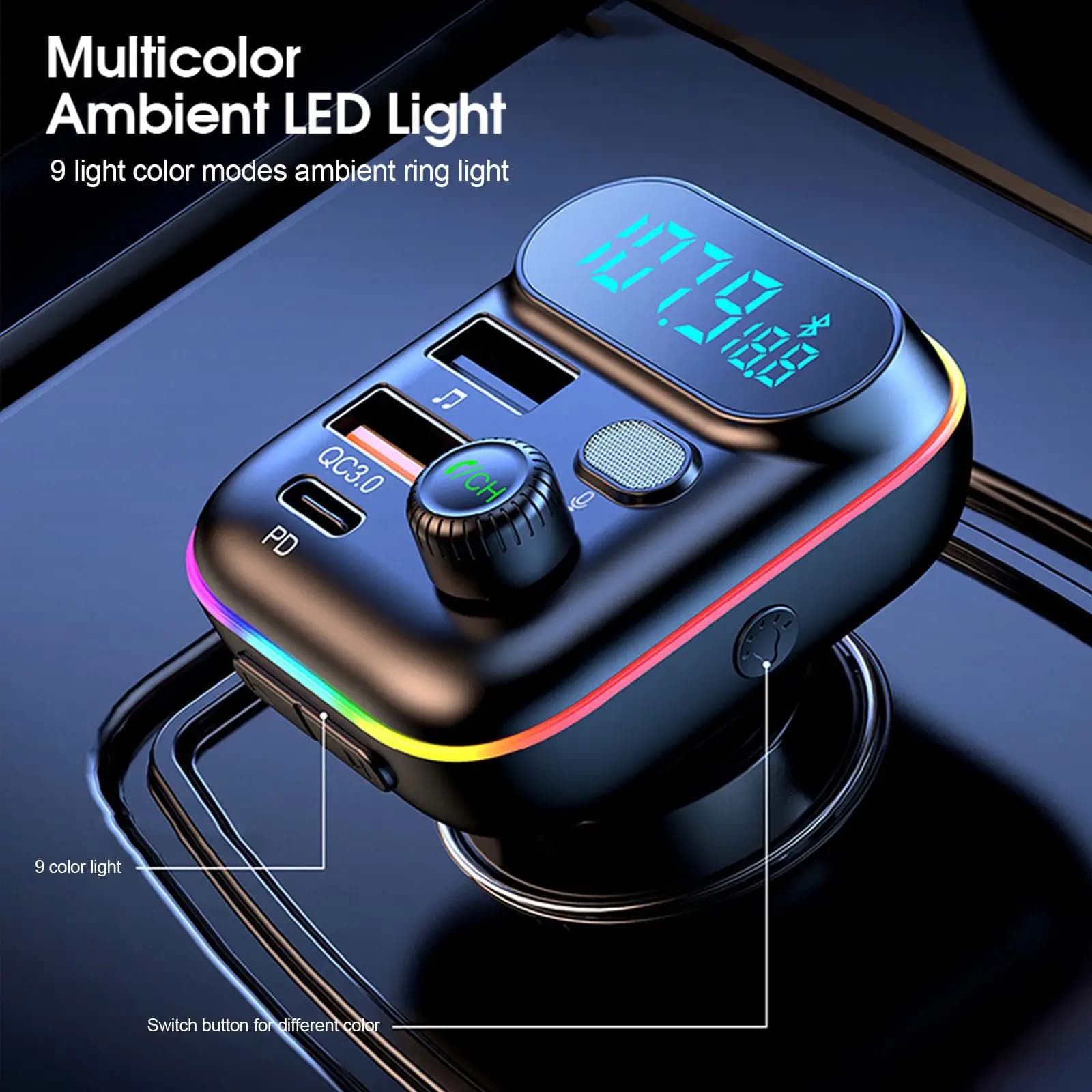 Bluetooth 5.0 FM Transmitter Car Charger Type-C QC3.0 USB Fast Charging — image 2