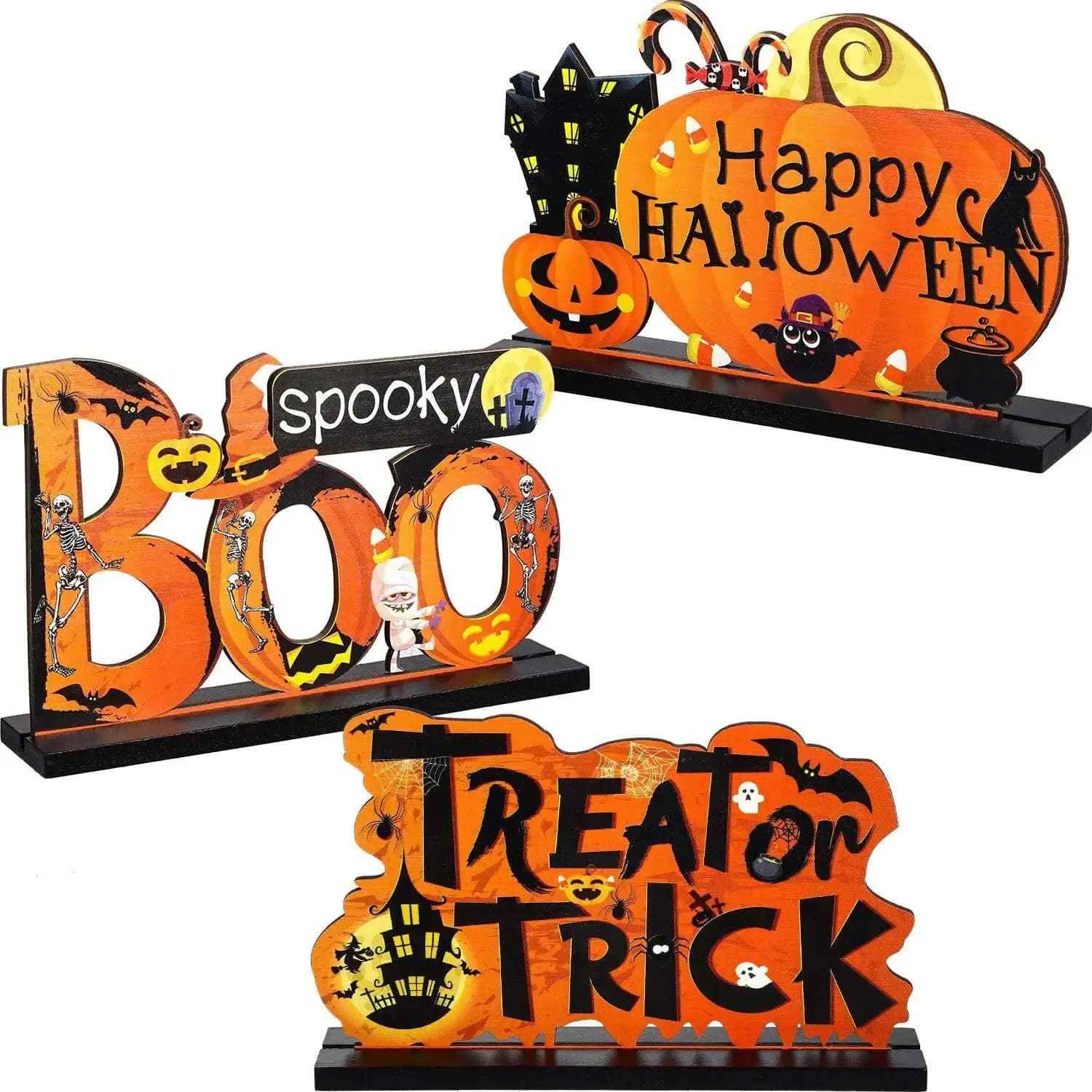 Halloween Wooden Decorations Desktop Ornaments Set Trick or Treat Party Decor UK
