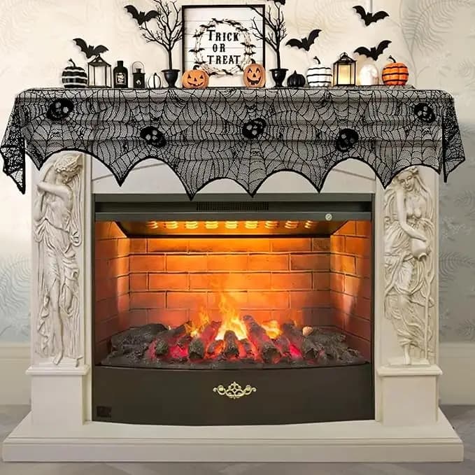Halloween Decoration Black Lace Spiderweb Fireplace Mantle Scarf Cover — image 10