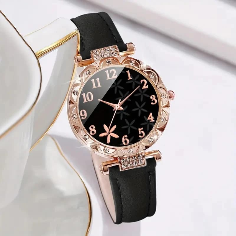 Women's Watch Set Luxury Flower Digital Dial Quartz New Black 2PCS Trendy Scale — image 6