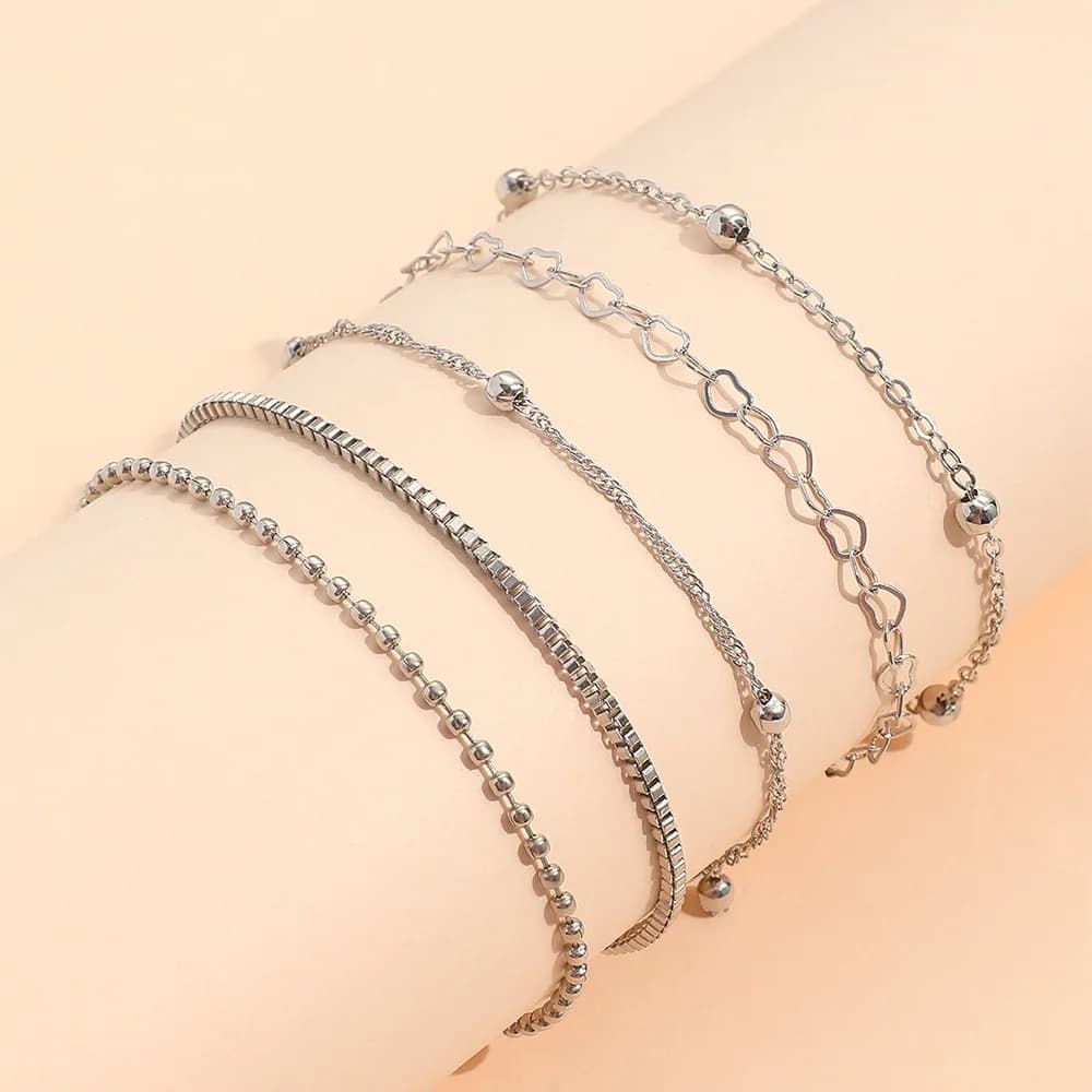 5 Pcs Heart Chain Bracelet Set Gold Silver Women's Daily Wear Jewellery — image 3