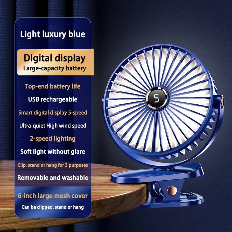 Rechargeable Clip-On Fan 8000mAh 5 Speed LED Light Portable Quiet Desktop UK — image 6