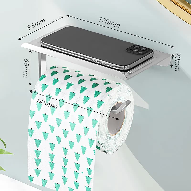 Wall Mounted Toilet Paper Holder Aluminium Alloy Bathroom Roll Shelf with Phone Shelf — image 15
