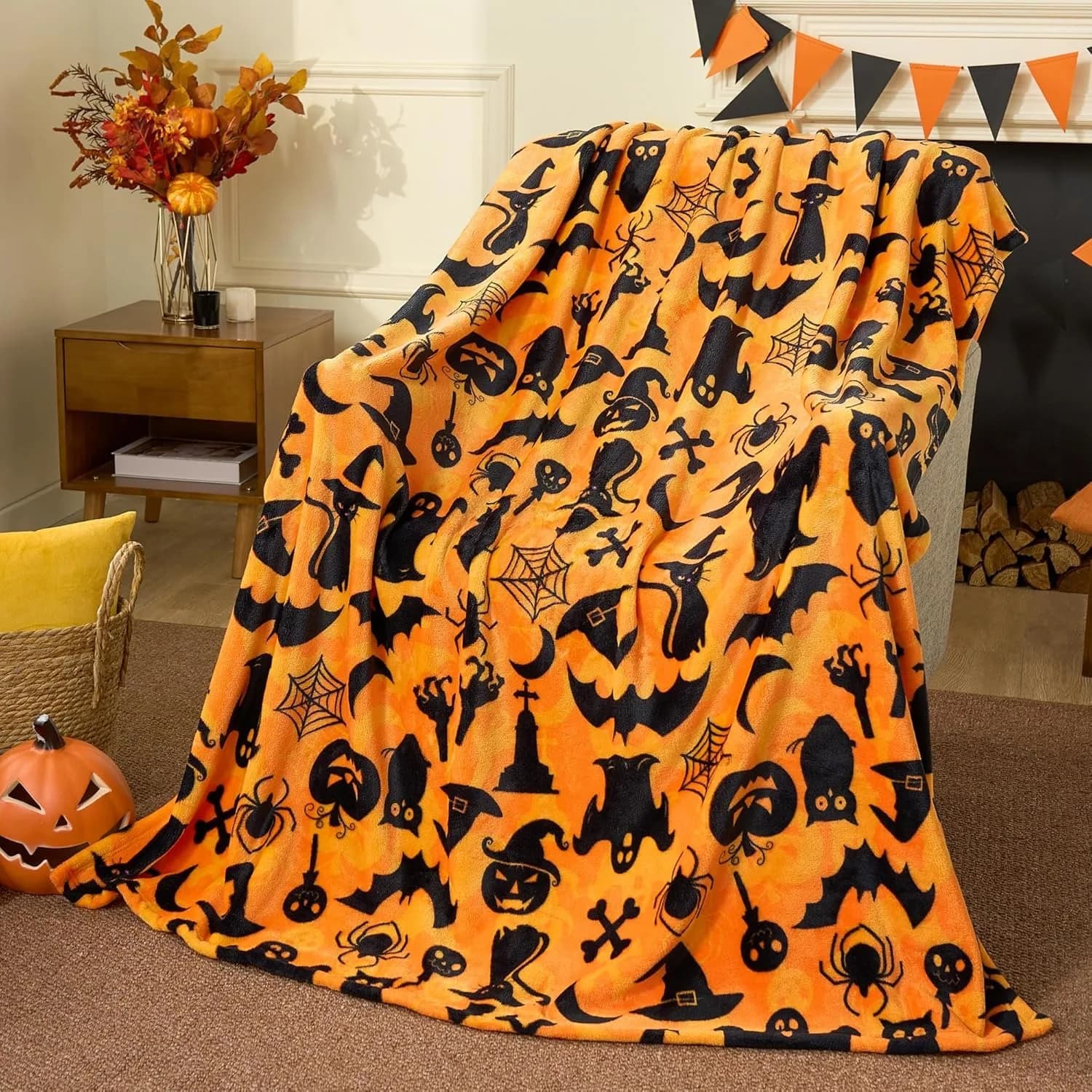 Halloween Throw Blanket Black Bat Pumpkin Ghost Skull Print Soft Lightweight