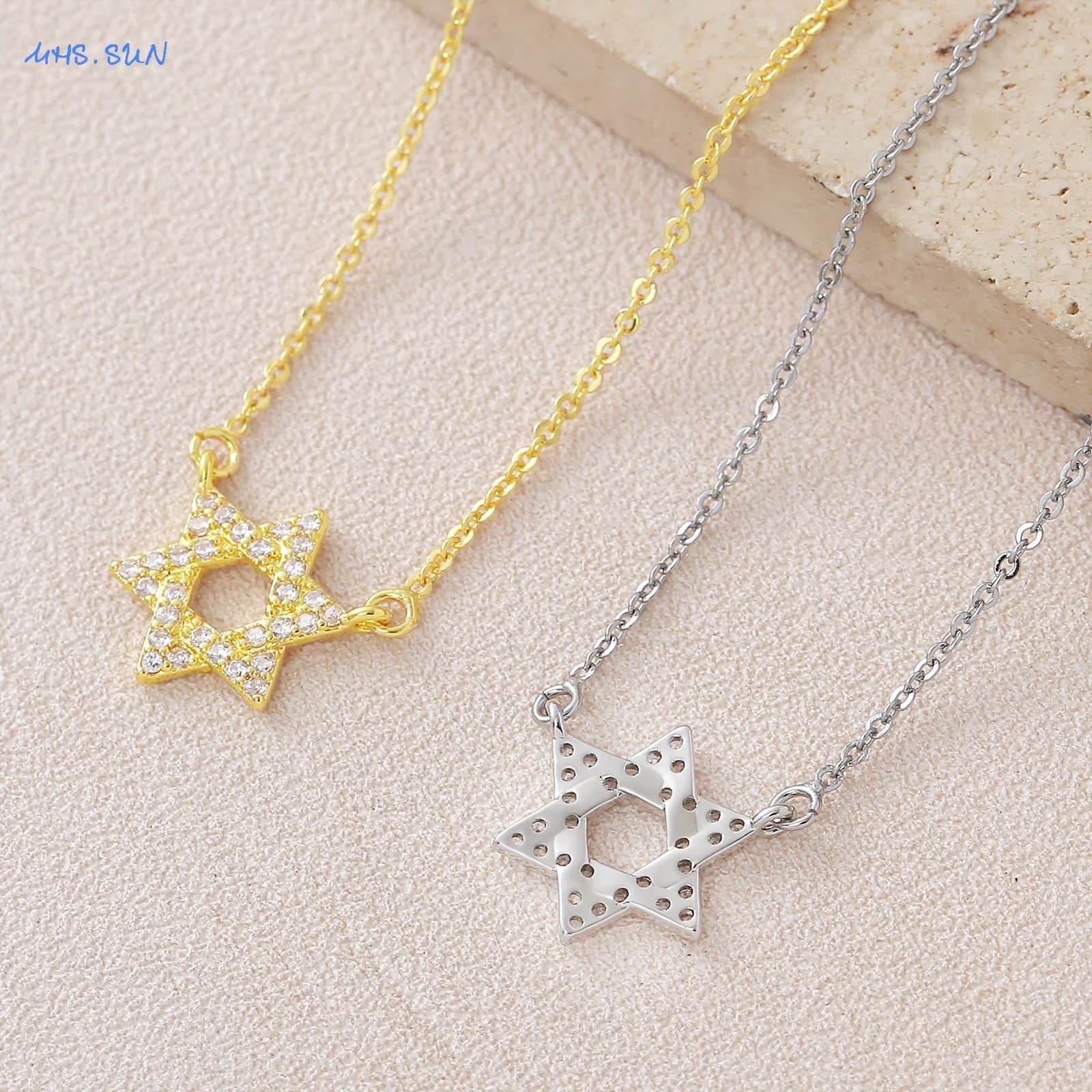 Zircon Hexagram Star of David Pendant Necklace Gold Silver Inlaid — image 6