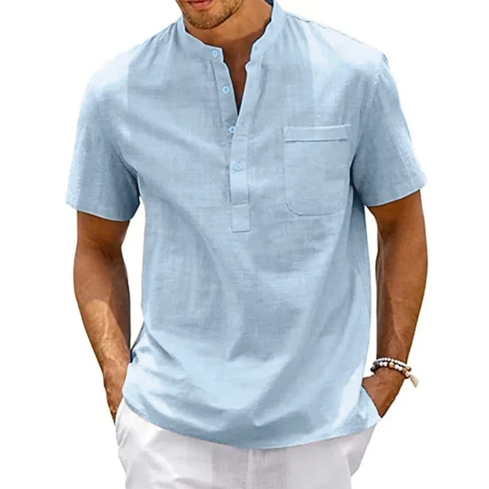 Men's Cotton Linen Henley Neck Shirt Pocket Casual Beach Short Sleeve Solid UK — image 4