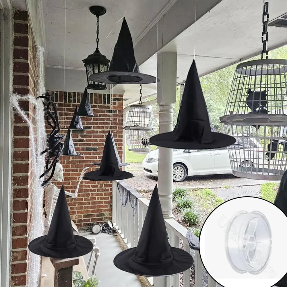12 Pcs Halloween Black Witch Hats with Rope Hanging Wizard Hats Bulk UK