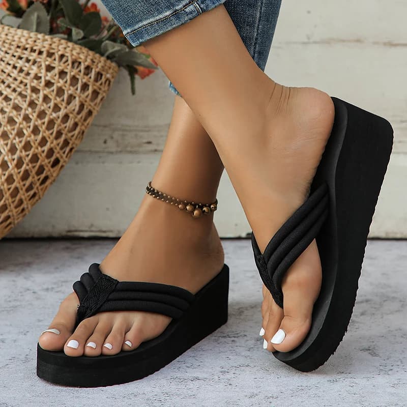 Women's Wedge Flip Flops Platform Clip Toe Beach Slides Black New Lightweight UK — image 2