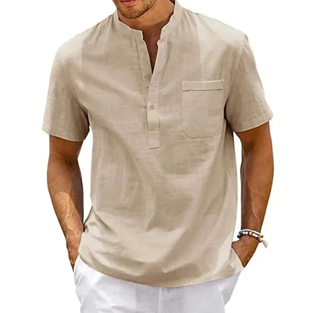 Men's Cotton Linen Henley Neck Shirt Pocket Casual Beach Short Sleeve Solid UK — image 8