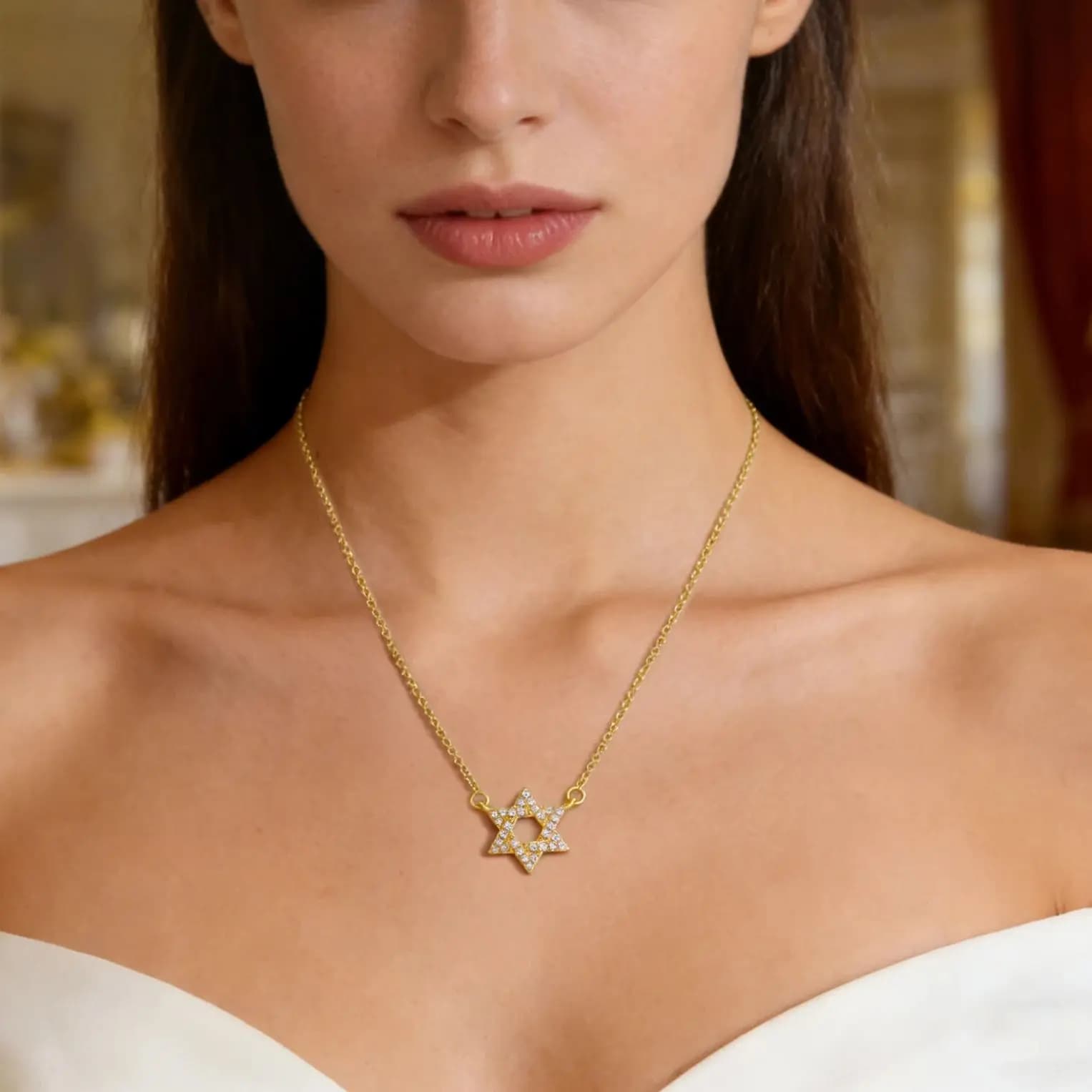Zircon Hexagram Star of David Pendant Necklace Gold Silver Inlaid — image 3