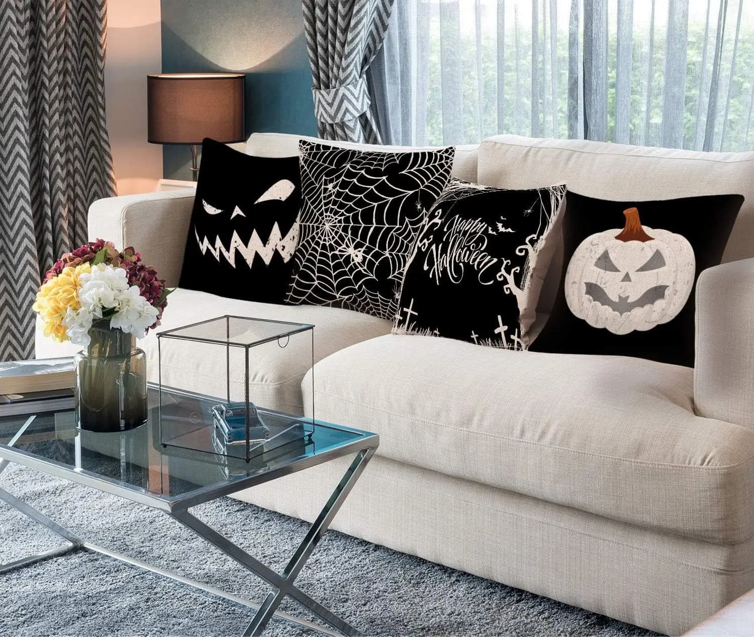 Halloween Pillow Covers 4 Pcs Vintage Distressed Pumpkin Spider Web Style UK — image 4