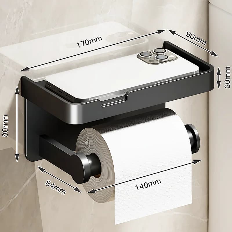 Wall Mounted Toilet Paper Holder Aluminium Alloy Bathroom Roll Shelf with Phone Shelf — image 13