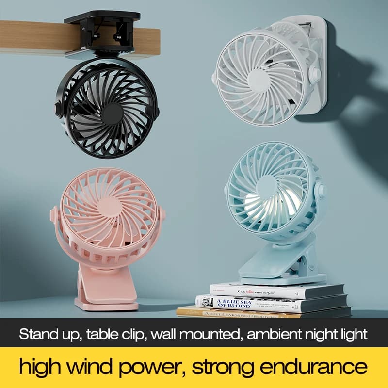 Portable Rechargeable Clip-On Fan 720° Rotating with Night Light