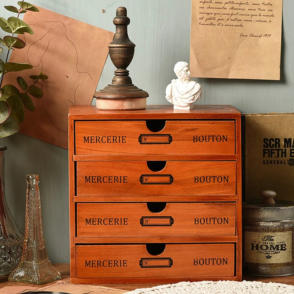 Rustic 4-Drawer Wooden Organizer Box Storage Jewelry Small Accessories New New U — image 3
