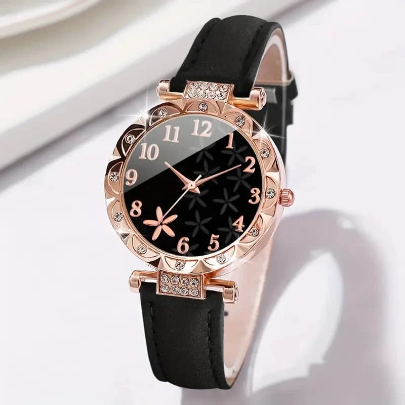 Women's Watch Set Luxury Flower Digital Dial Quartz New Black 2PCS Trendy Scale — image 5