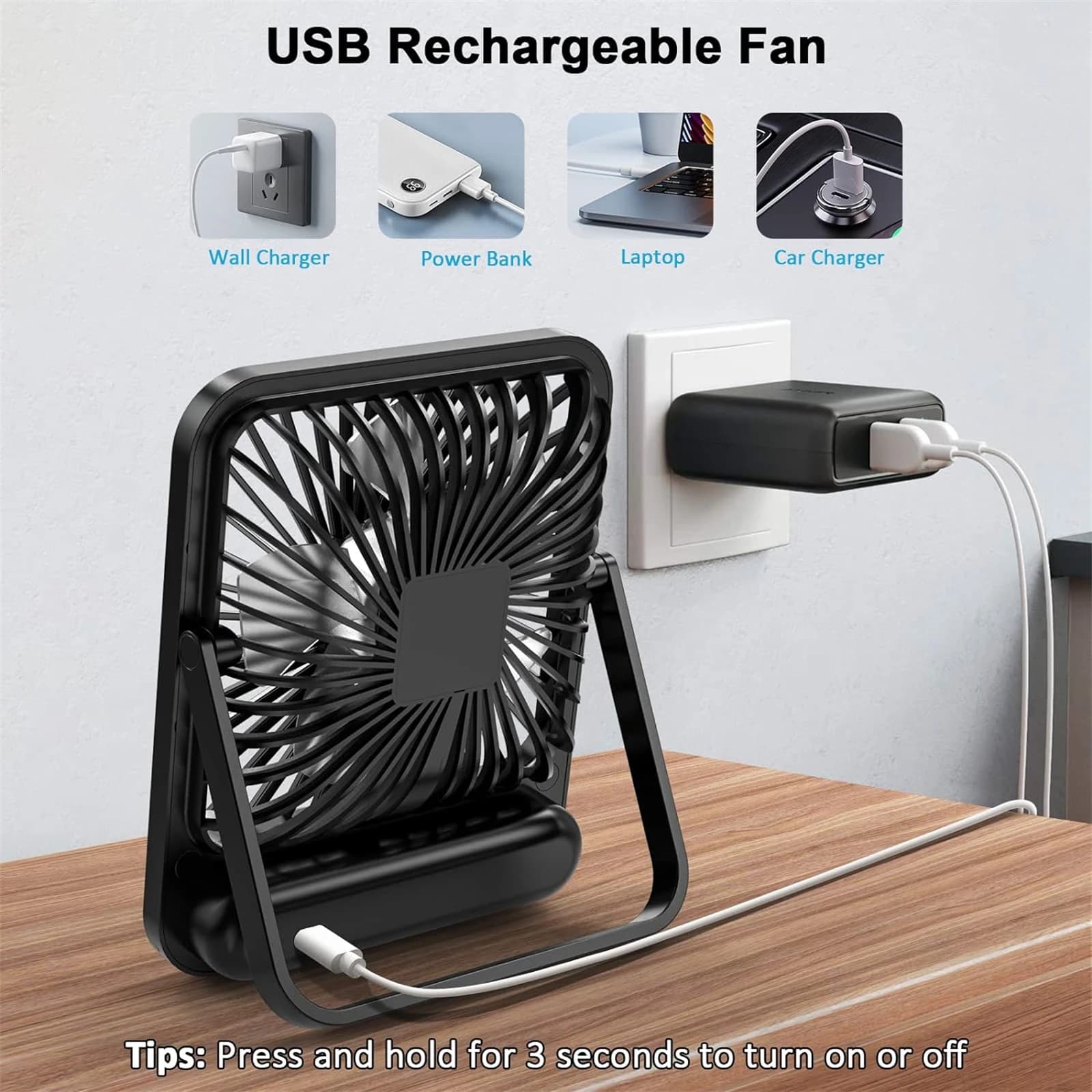Portable USB Rechargeable Desk Fan 180° Tilt Foldable Personal Cooling Fan — image 6
