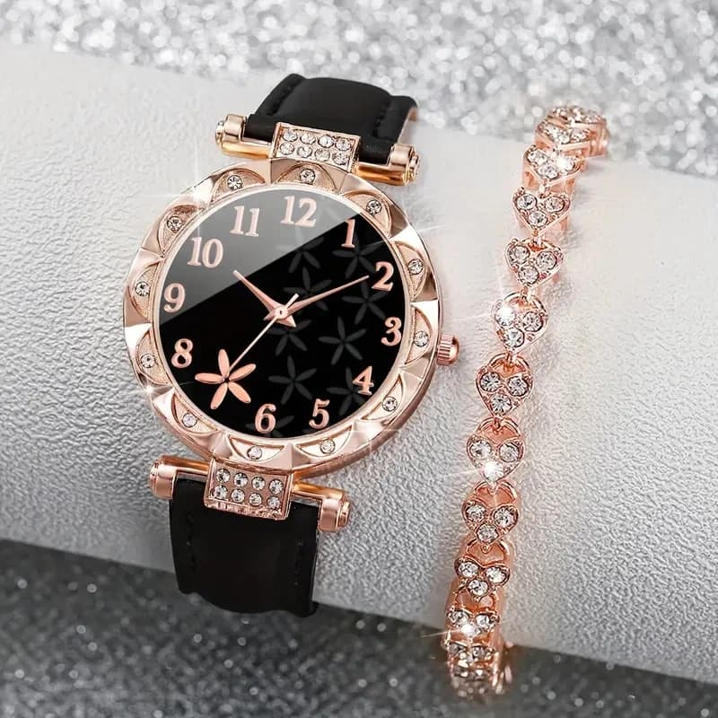 Women's Watch Set Luxury Flower Digital Dial Quartz New Black 2PCS Trendy Scale — image 2