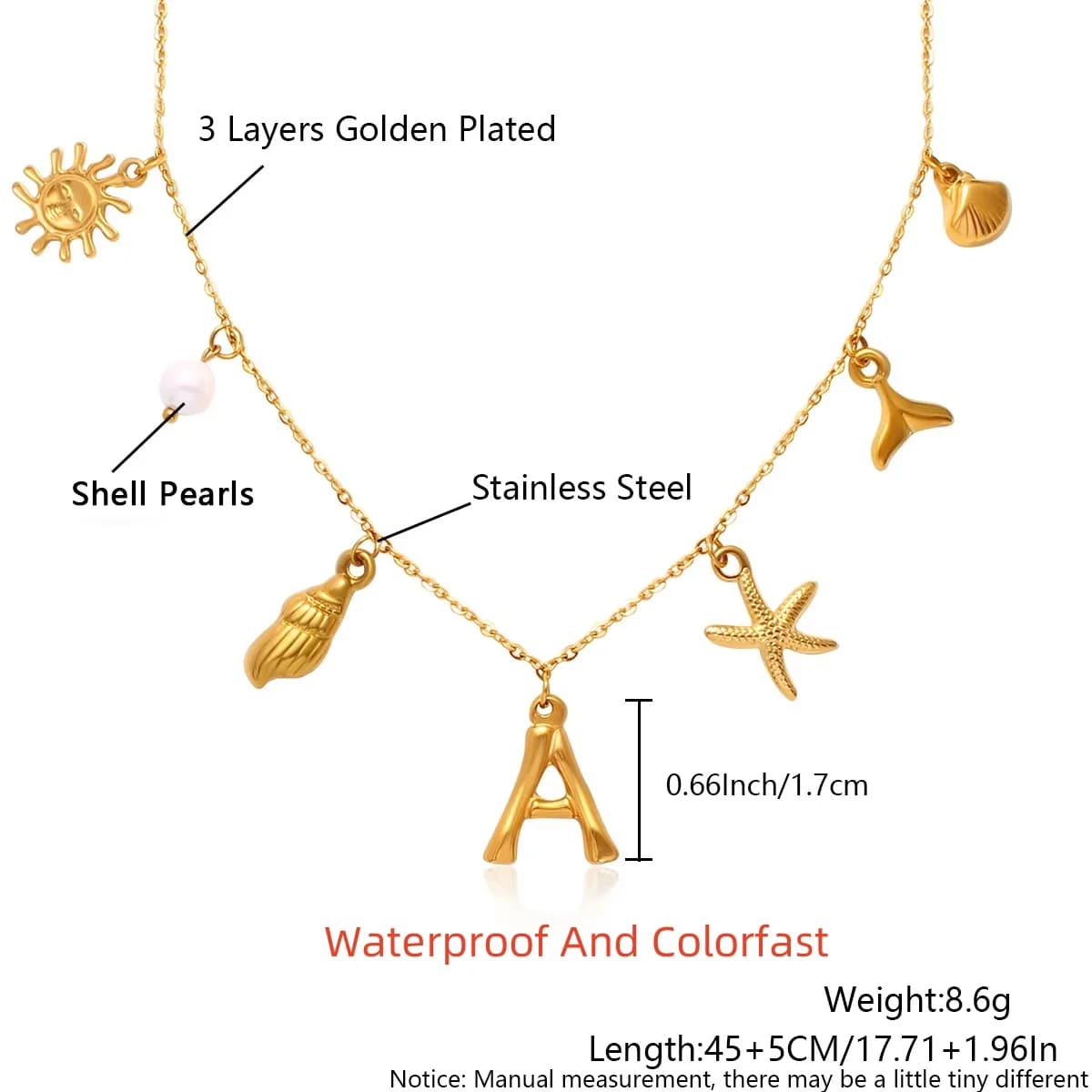 Starfish Shell Initial Necklace 18K Gold Plated Stainless Steel Waterproof — image 4