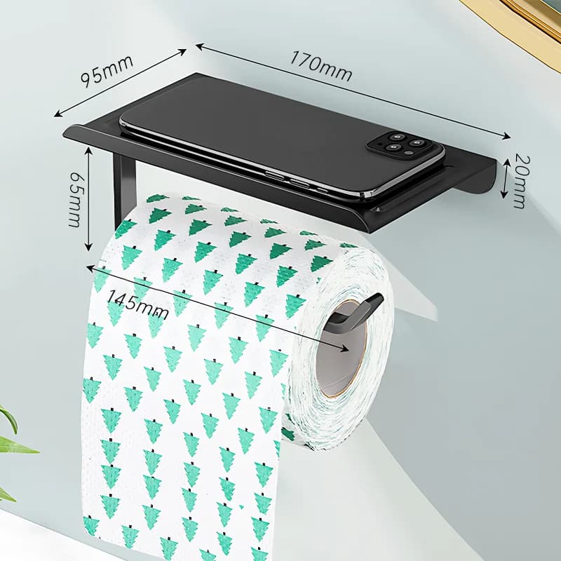 Wall Mounted Toilet Paper Holder Aluminium Alloy Bathroom Roll Shelf with Phone Shelf — image 12
