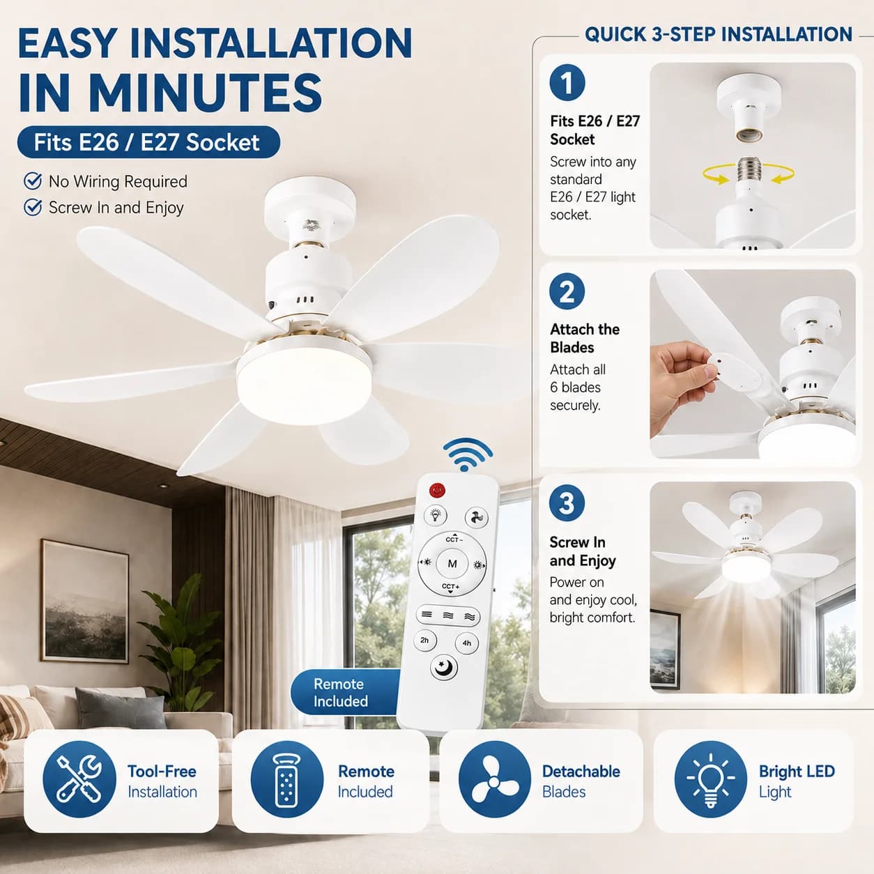 E27 LED Ceiling Fan Light Remote 3 Color Dimmable Rotatable New with Lamp Base U — image 4