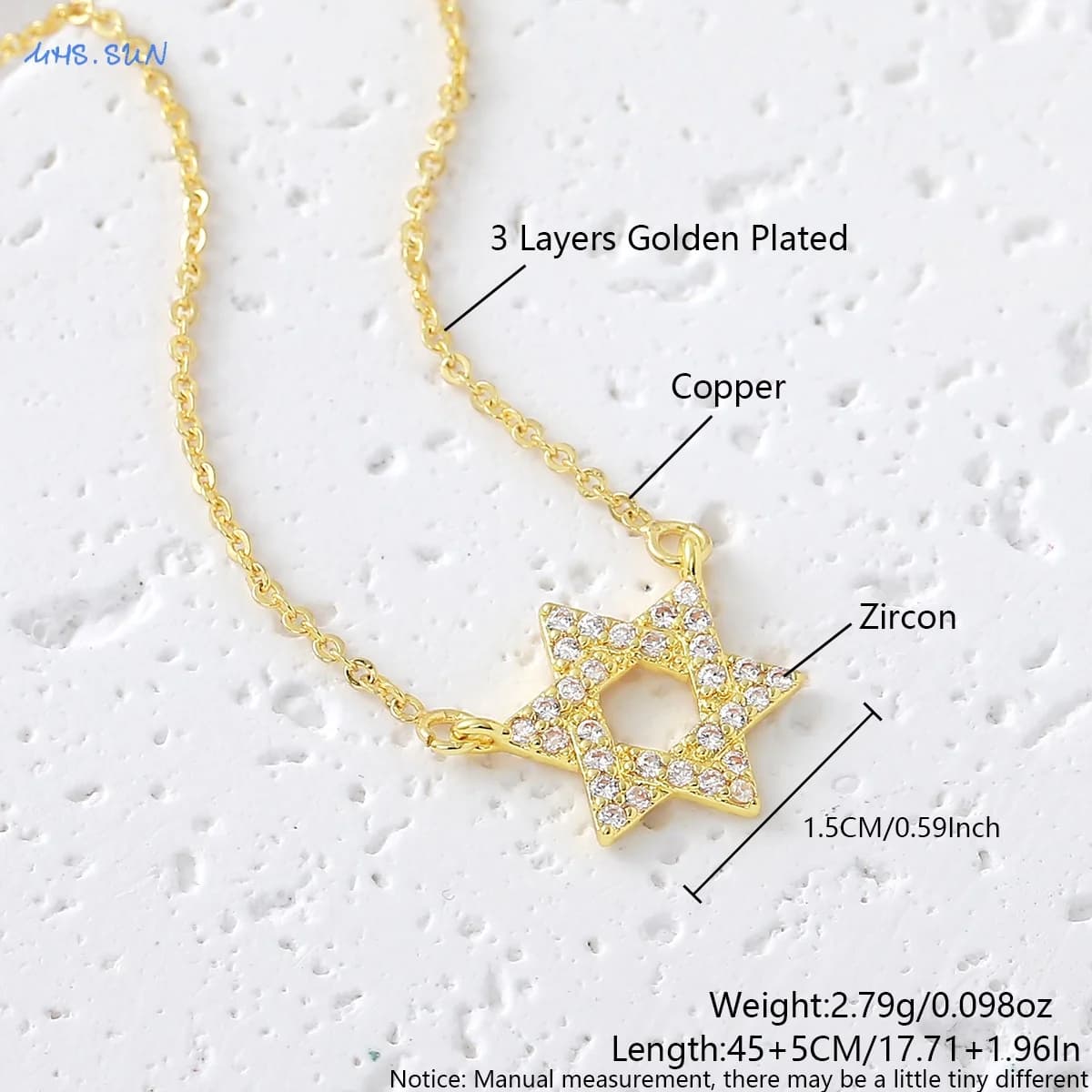 Zircon Hexagram Star of David Pendant Necklace Gold Silver Inlaid — image 4