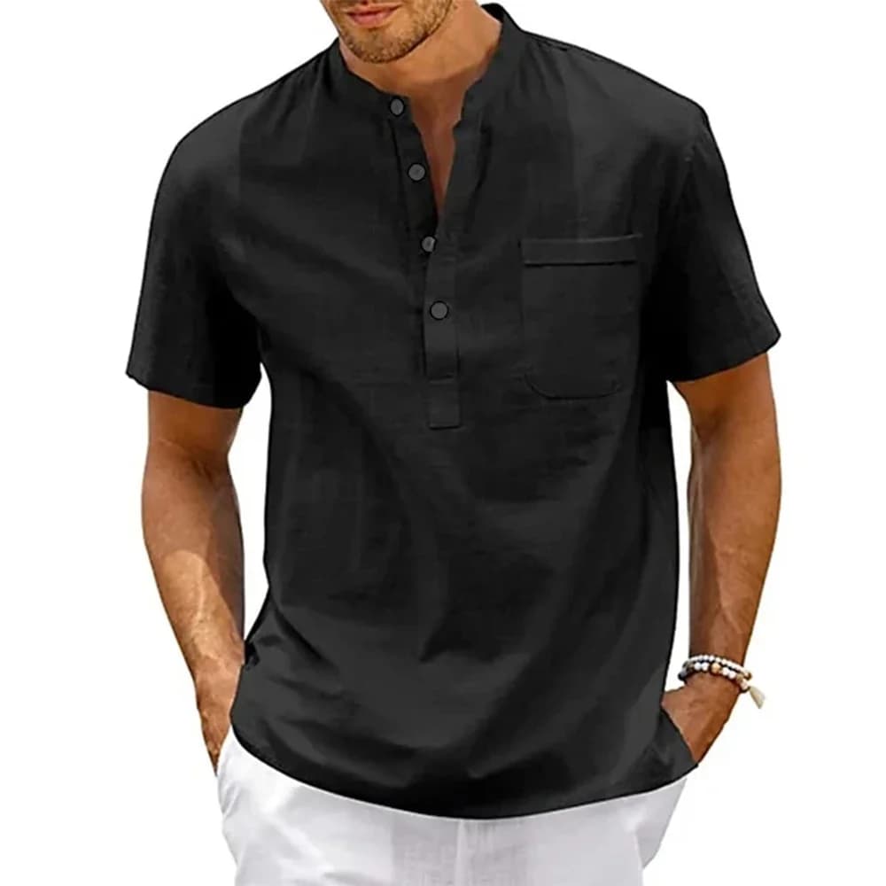 Men's Cotton Linen Henley Neck Shirt Pocket Casual Beach Short Sleeve Solid UK — image 2