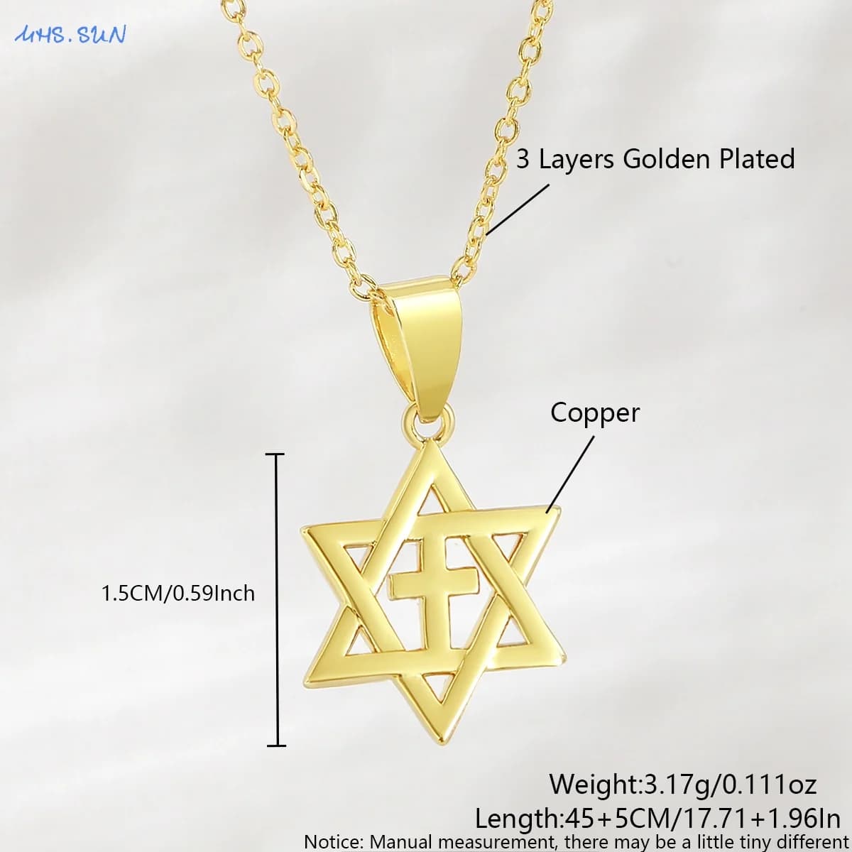 Zircon Hexagram Star of David Pendant Necklace Gold Silver Inlaid — image 8