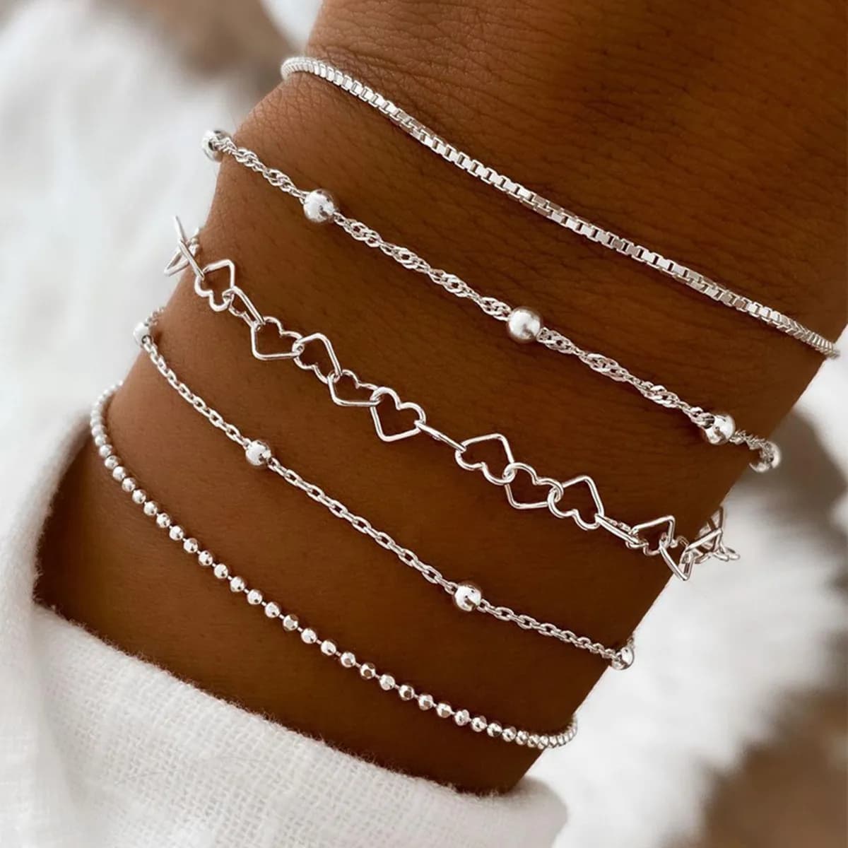 5 Pcs Heart Chain Bracelet Set Gold Silver Women's Daily Wear Jewellery — image 8