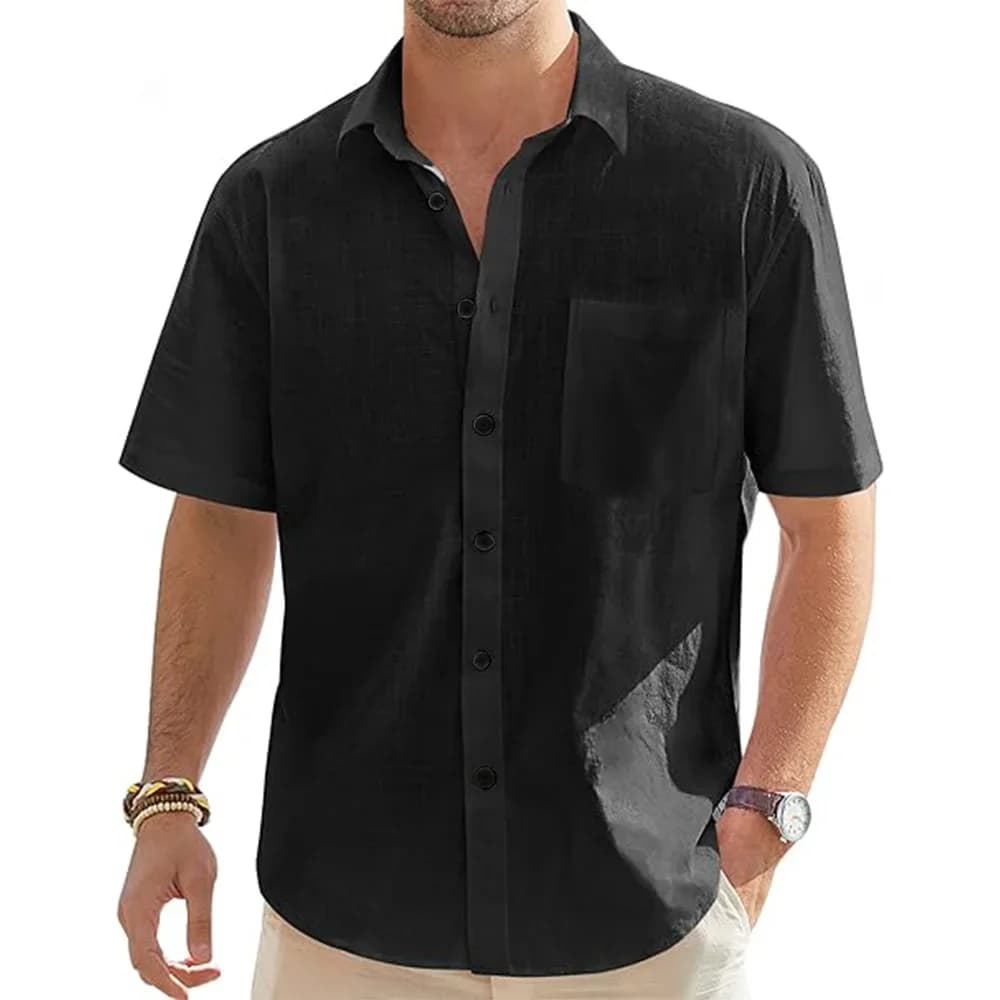 Men's Cotton Linen Short Sleeve Shirt Summer Beach Casual Button Top Solid — image 8