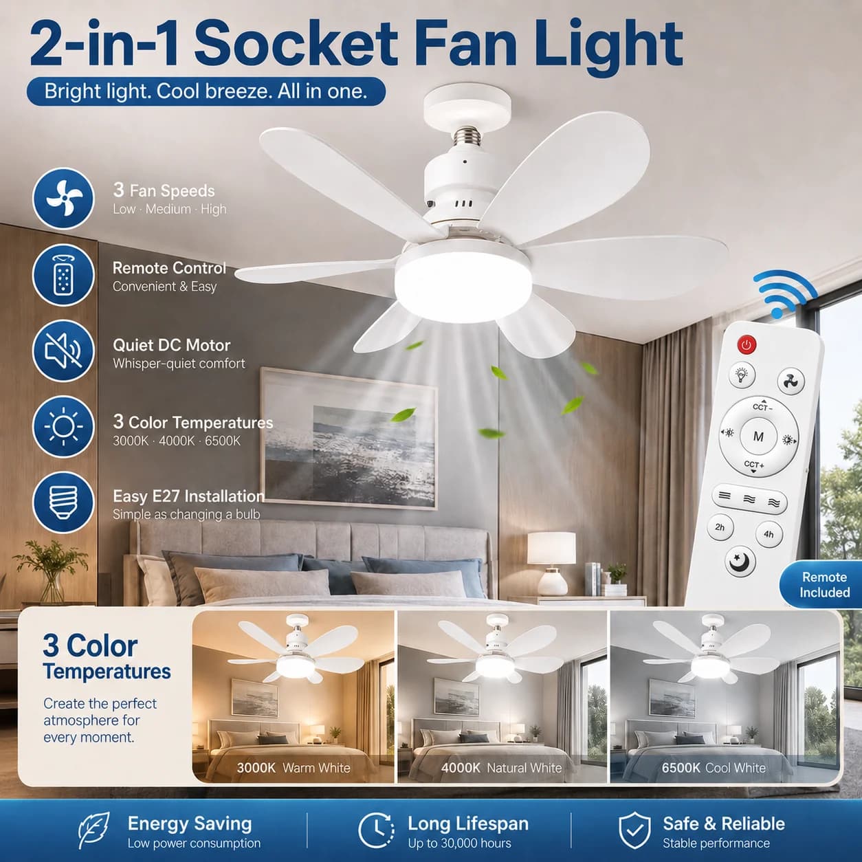 E27 LED Ceiling Fan Light Remote 3 Color Dimmable Rotatable New with Lamp Base U — image 2