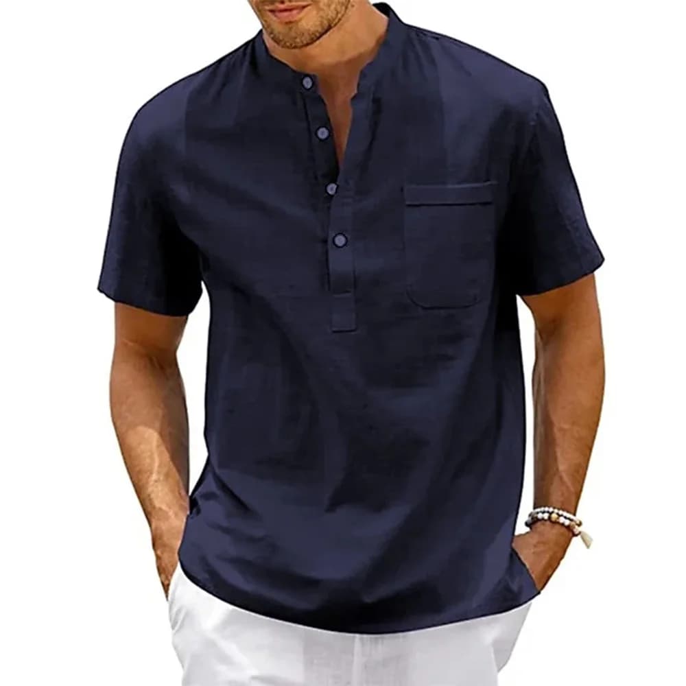 Men's Cotton Linen Henley Neck Shirt Pocket Casual Beach Short Sleeve Solid UK — image 7