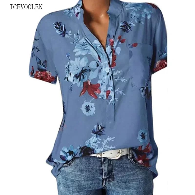 Women's Casual V-Neck Short Sleeve Blouse Shirt Loose Fit Plus Size Printing — image 15