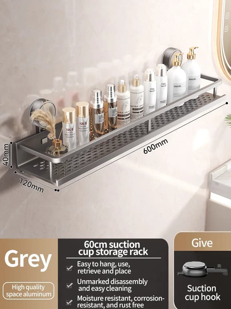 Bathroom Shelf Suction Cup Rack Aluminium No Drill Shower Toilet Storage Organiser — image 11